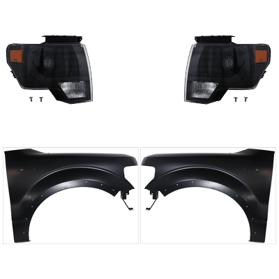 2014 Ford F-150 4-Piece Kit Driver and Passenger Side Headlights with Fenders, without Bulb, Xenon