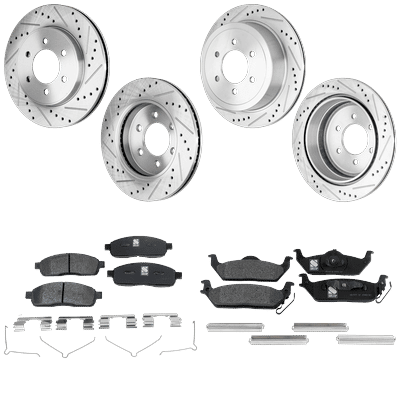 2006 Lincoln Mark LT Front and Rear Brake Disc and Pad Kit, Cross-drilled and Slotted, 6 Lugs, Ceramic - Front, Semi-Metallic - Rear, 4WD/RWD, Pro-Line Series