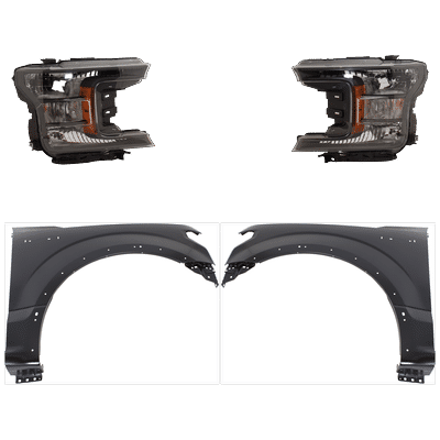 2019 Ford F-150 4-Piece Kit Driver and Passenger Side Headlights with Fenders, with Bulbs, Halogen