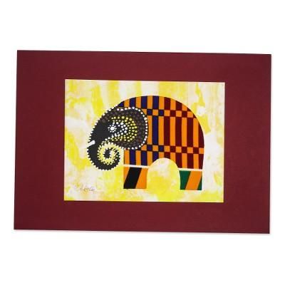 Kente Elephant,'Elephant Painting with Kente Cloth Cotton Accent from Ghana'