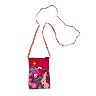Mama of the Andes,'Handcrafted Arpillera Cotton Blend Cell Phone Bag from Peru'