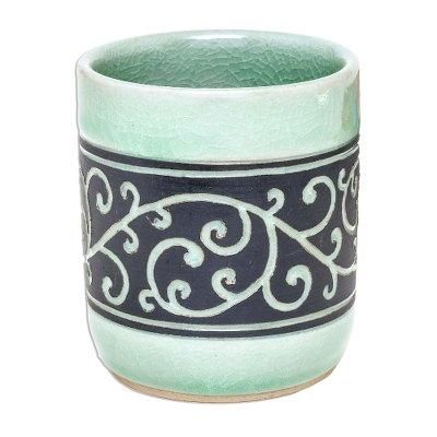 Kanok Tendrils,'Aqua Celadon Ceramic Teacup from Thailand'