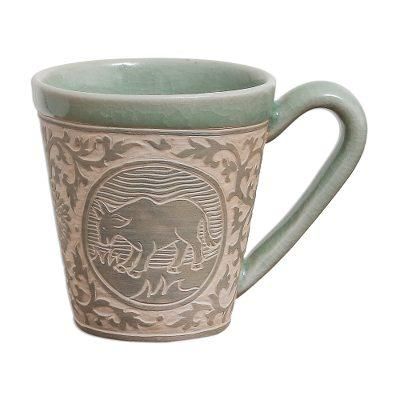 Thai Zodiac Cow,'Celadon Glazed Ceramic Mug with Cow from Thailand'