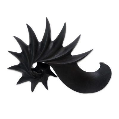 Black Spider Conch,'Signed Balinese Suar Wood Sea Shell Sculpture'