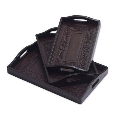 'Collector' (set of 3) - Unique Leather and Wood Serving Trays