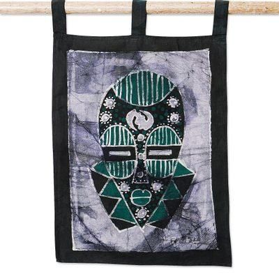 Green Silence,'Cotton Wall Hanging of African Mask in a Cool Palette'
