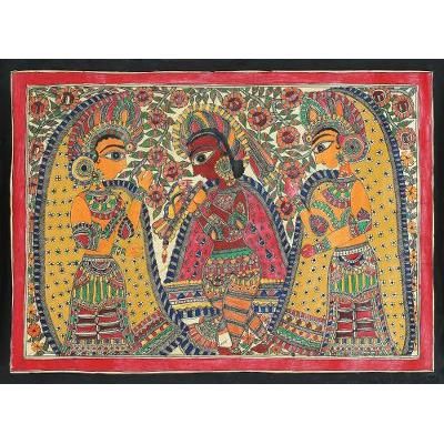 Euphoria,'Authentic Signed Madhubani Folk Art Painting of Krishna'