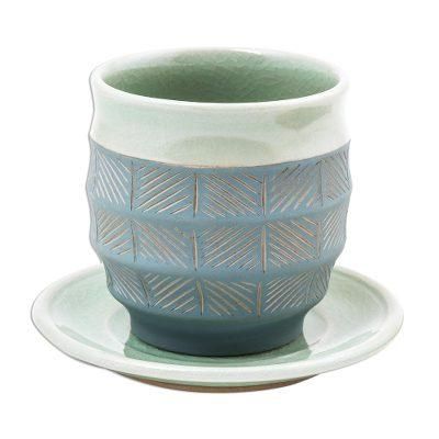 Verdant Comfort,'Celadon Ceramic Cup and Saucer in Green from Thailand'