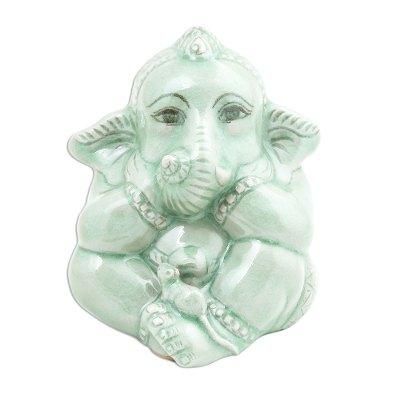 Ganesha and the Mouse,'Green Celadon Ceramic Ganesha Sculpture from Thailand'
