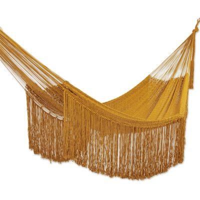 Amber Cascade,'Fringed Amber Yellow Cotton Hammock from Mexico (Double)'