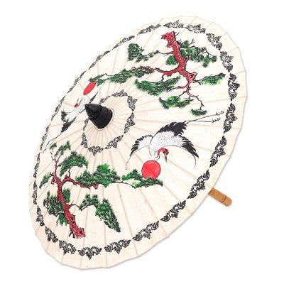 'Hand-Painted White Crane Motif Saa Paper Decorative Parasol'