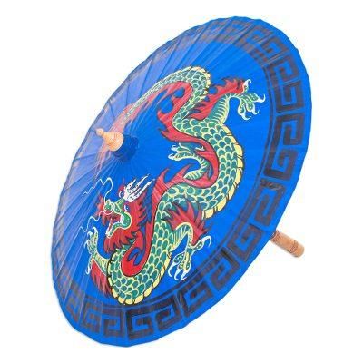 Lucky Dragon in Blue,'Hand-Painted Dragon-Motif Cotton Parasol'