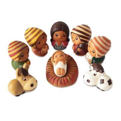 Little Nativity,'Folk Art Ceramic Figurines 9 Piece Nativity Set from Peru'