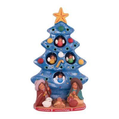 Birth Beneath the Blue Tree,'Ceramic Christmas Nativity Sculpture in Blue from Peru'