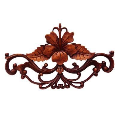 'Hibiscus' - Unique Floral Wood Relief Panel from Indonesia