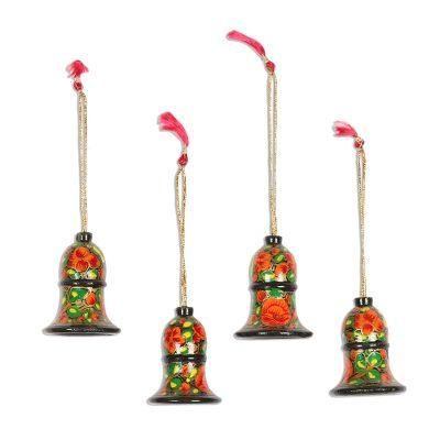 Floral Paradise,'Floral Motif Wood Bell Ornaments from India (Set of 4)'