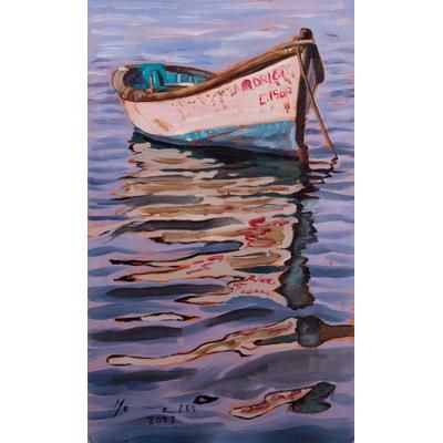 Boat,'Unstretched Impressionist Oil Painting of Boat in Cool Hues'