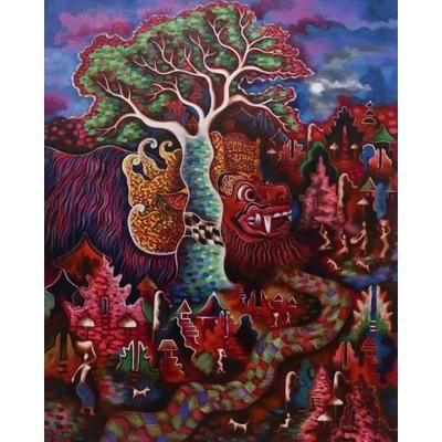 Full Moon in March 2019,'Signed Expressionist Landscape Painting from Bali'