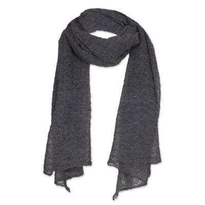 Slate Gossamer,'Textured 100% Baby Alpaca Wrap Scarf in Slate from Peru'