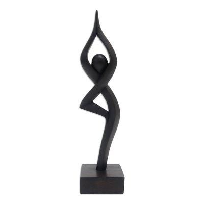 'Black Hand-Carved Suar Wood Praying Abstract Sculpture'