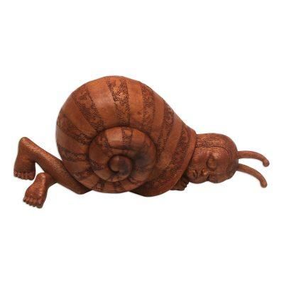'Snail-Themed Surrealist Suar Wood Sculpture from Indonesia'