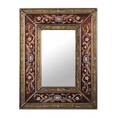 Cajamarca Warmth,'Rectangular Glass Wall Mirror Reverse Painted from Peru'