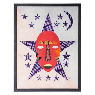 Tuesday,'Batik Collage Cotton Wall Art of Red African Mask with Stars'