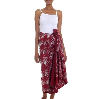 Tropical Garden in Claret,'Red Floral Rayon Sarong with Hand Stamped Batik Pattern'