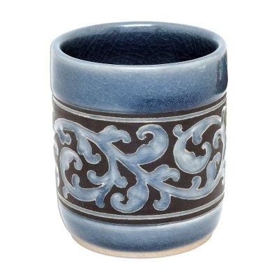 Blue Kanok,'Ornate Blue Celadon Ceramic Teacup from Thailand'