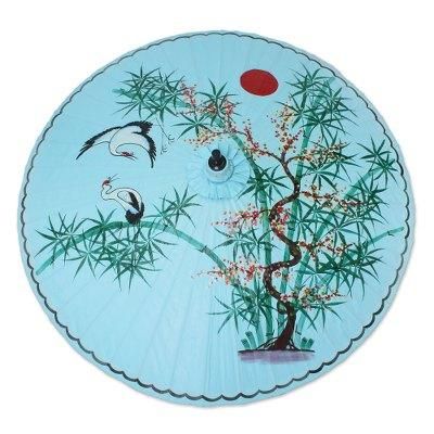 Play With Friends,'Crane-Themed Cotton and Bamboo Parasol in Cerulean'