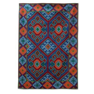 Chain stitched wool rug, 'Four Red Suns' (4x6)
