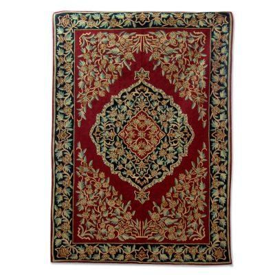 Chain stitched wool rug, 'Red Mughal Garden' (4x6)