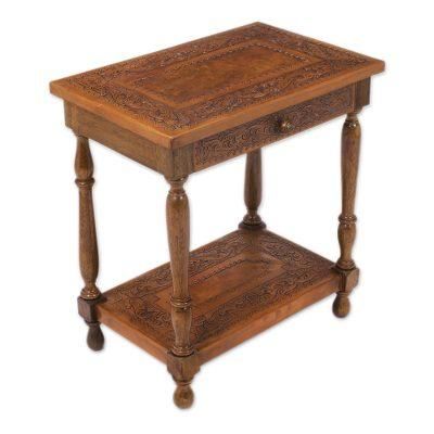 Andean Elegance,'Traditional Leather Wood End Table'
