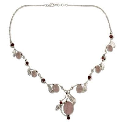 Rose quartz and garnet Y-necklace, 'Dew Blossom'