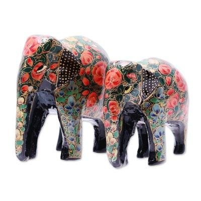 Maternal Connection,'Floral Papier Mache Elephant Sculptures (Pair) from India'
