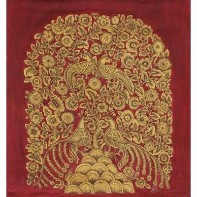 Golden Spring II,'Red and Gold Indian Acrylic on Canvas Painting of Nature'