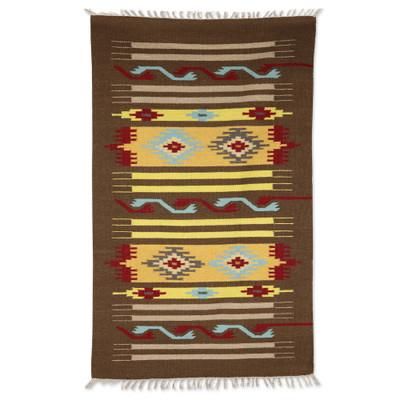 Sinuous Brown,'Handloomed Brown Wool Area Rug with Geometric Design (3x5)'