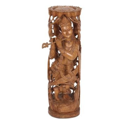 'Hand-Carved Teak Wood Sculpture of Krishna Playing the Flute'