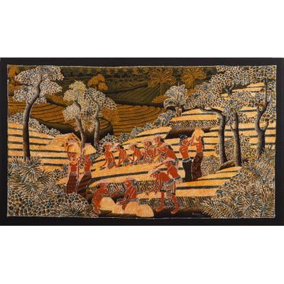 Bali Harvest Time,'Unique Cotton Batik Rice Harvest Painting'