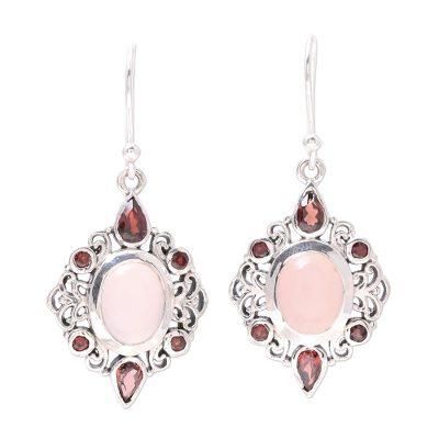 Glory of Red,'Garnet and Rose Quartz Dangle Earrings from India'