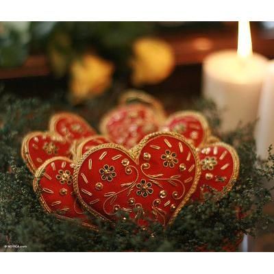 Beaded ornaments, 'Red Velvet Heart' (set of 5)