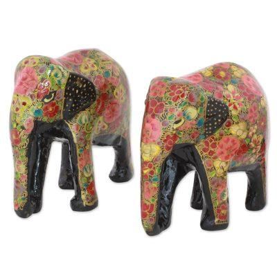 Elephant Bloom,'Indian Wooden Sculpture Set of 2 Painted Floral Elephants'