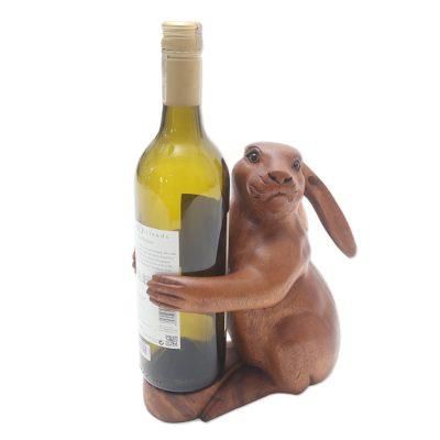 Bunny Hug,'Hand Crafted Suar Wood Rabbit Wine Holder'