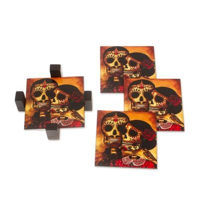 Day of the Dead Romance,'Set of 4 Decoupage Coasters with Day of the Dead Theme'