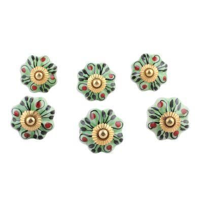 Verdant Petals,'Six Hand Painted Ceramic Floral Knobs in Green from India'