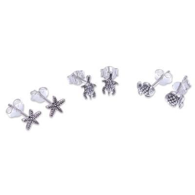 Sea Celebration,'Sterling Silver Stud Earrings with Sea Life Motif (Set of 3)'