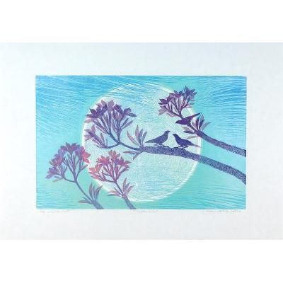 Nighttime II,'Floral Landscape Woodcut Print in Blue and Violet'