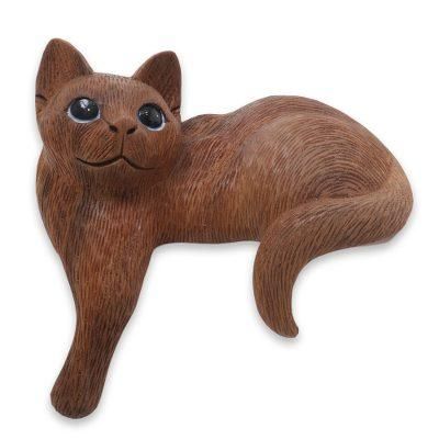 Wood sculpture, 'Watchful Long Haired Cat'