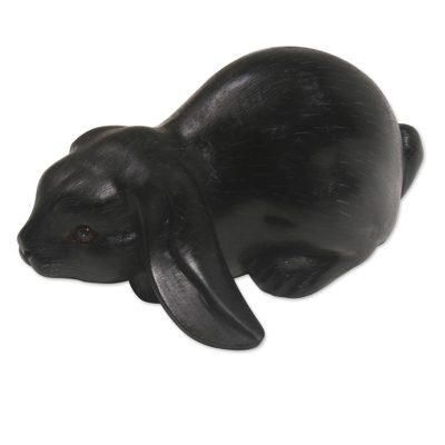 Begging Rabbit in Black,'Handcrafted Suar Wood Rabbit Sculpture in Black from Bali'