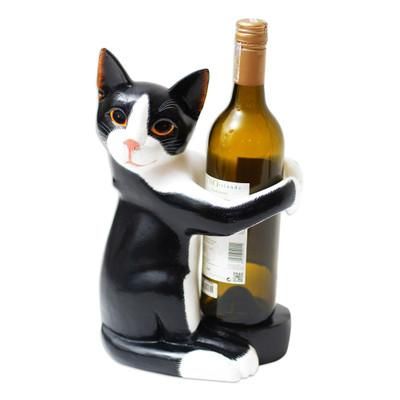 Kitty Clasp,'Hand Carved Black and White Cat Figurine Wine Holder'